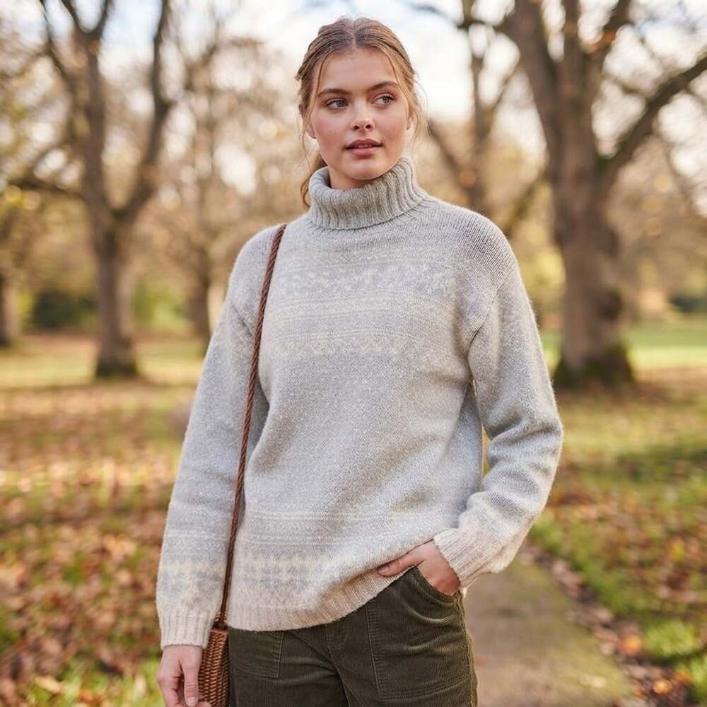 VTG Saks Fifth Avenue Sz L 100% Cashmere Fair Isle Sage Cream Turtleneck Sweater